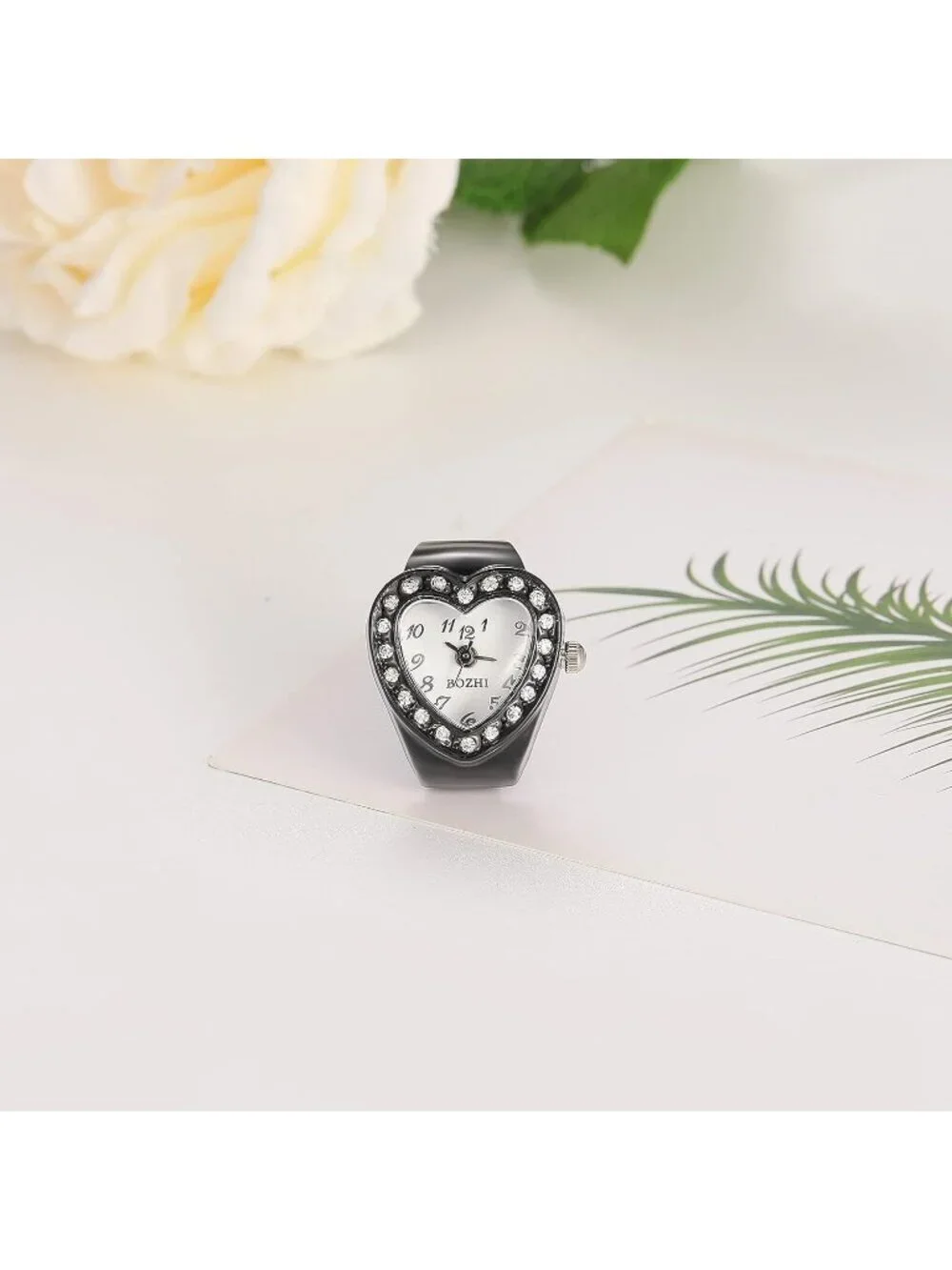 Unisex Black Analog Quartz Easy Read Adjustable Modern Heart Finger Ring Watch